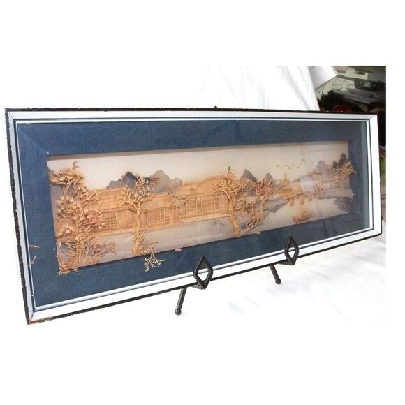 Rare Vgt Oversize Chinese Cork Carving Art Wall Hanging in Shadow Box Frame 25" - Picture 8 of 10